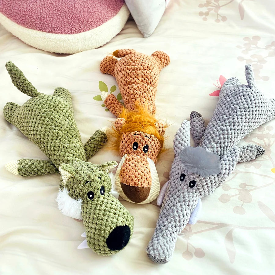 Bite-Resistant Plush Dog Toy – Squeaky Lion, Wolf & Elephant